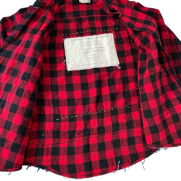 Upcycled Flannel Shirt Shacket Womens XL Jacket Coffee Grunge Patchwork Folk Art - Picture 12 of 16